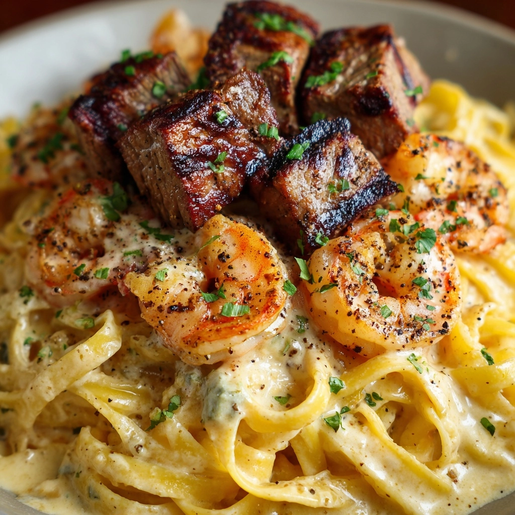 Blackened Steak and Shrimp Alfredo Recipe - Recipe Image