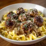 Saucy Skillet French Onion Meatballs with Egg Noodles Recipe