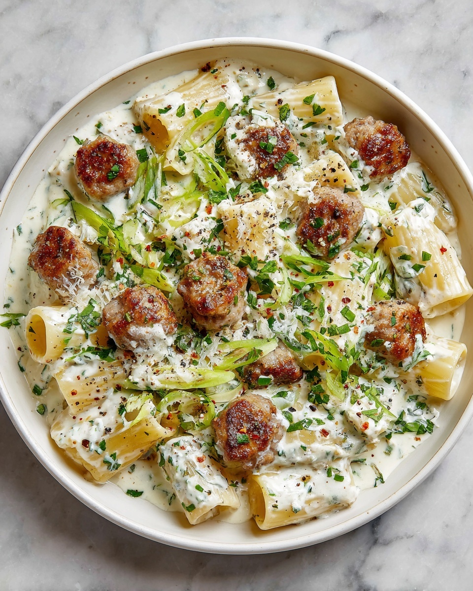 Creamy Garlic Sausage Alfredo Rigatoni Recipe - Recipe Image