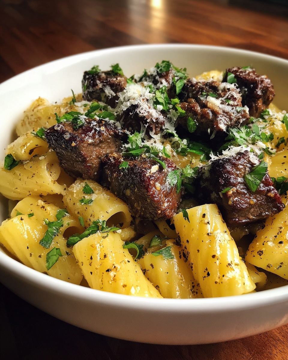 Garlic Butter Steak Tips with Cheesy Rigatoni Recipe - Recipe Image