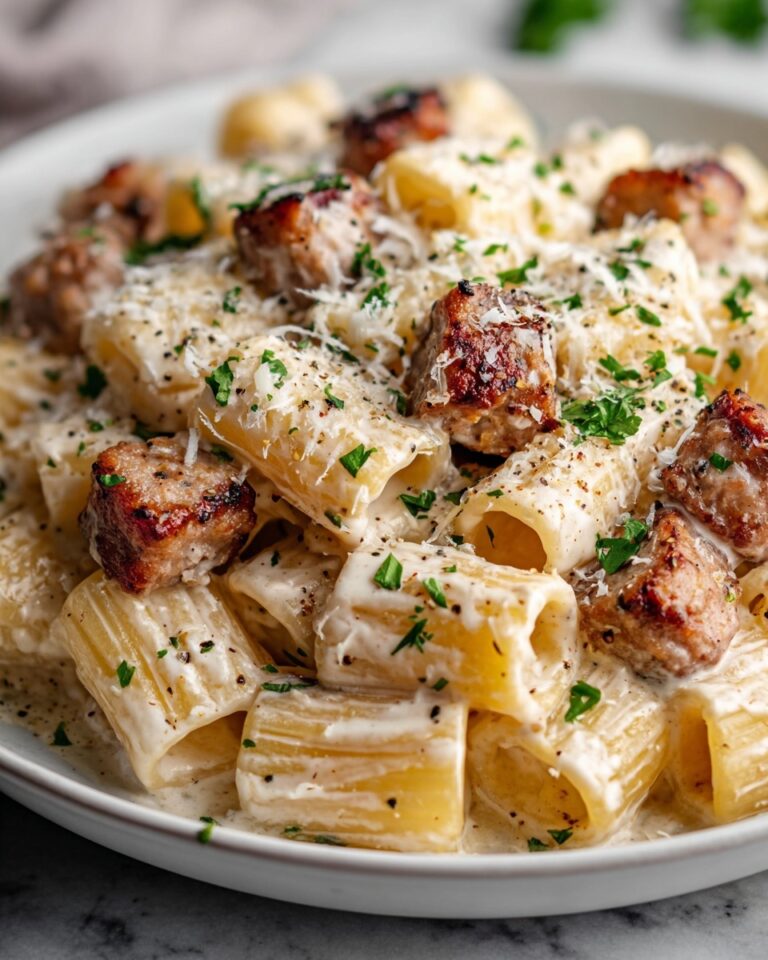 Creamy Garlic Sausage Alfredo Rigatoni Recipe