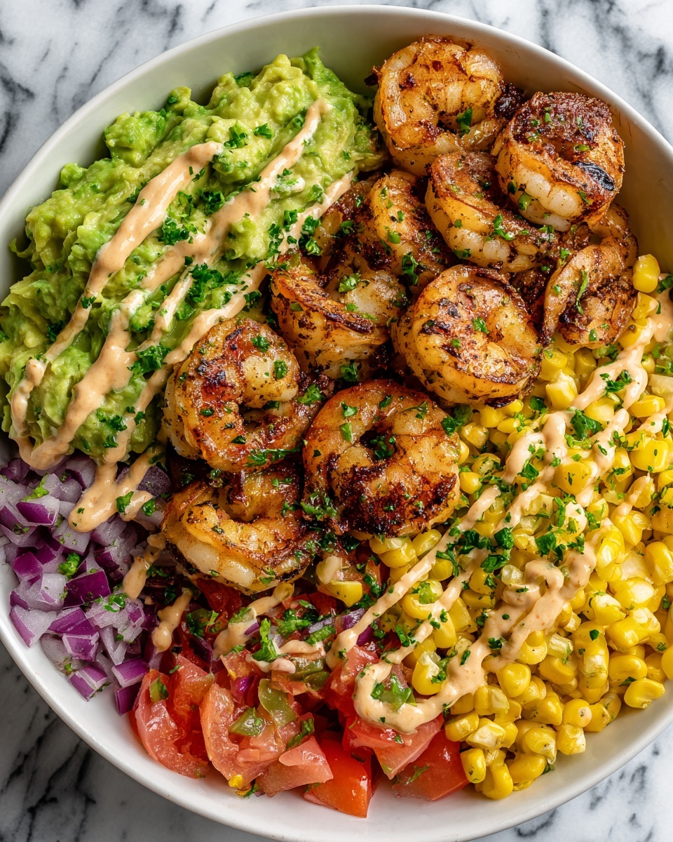 Grilled Shrimp Bowl with Avocado Corn Salsa and Creamy Garlic Sauce Recipe - Recipe Image