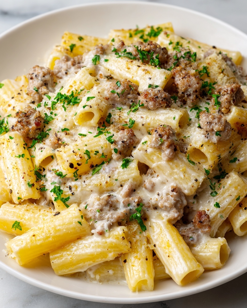 Creamy Garlic Sausage Alfredo Rigatoni Recipe - Recipe Image