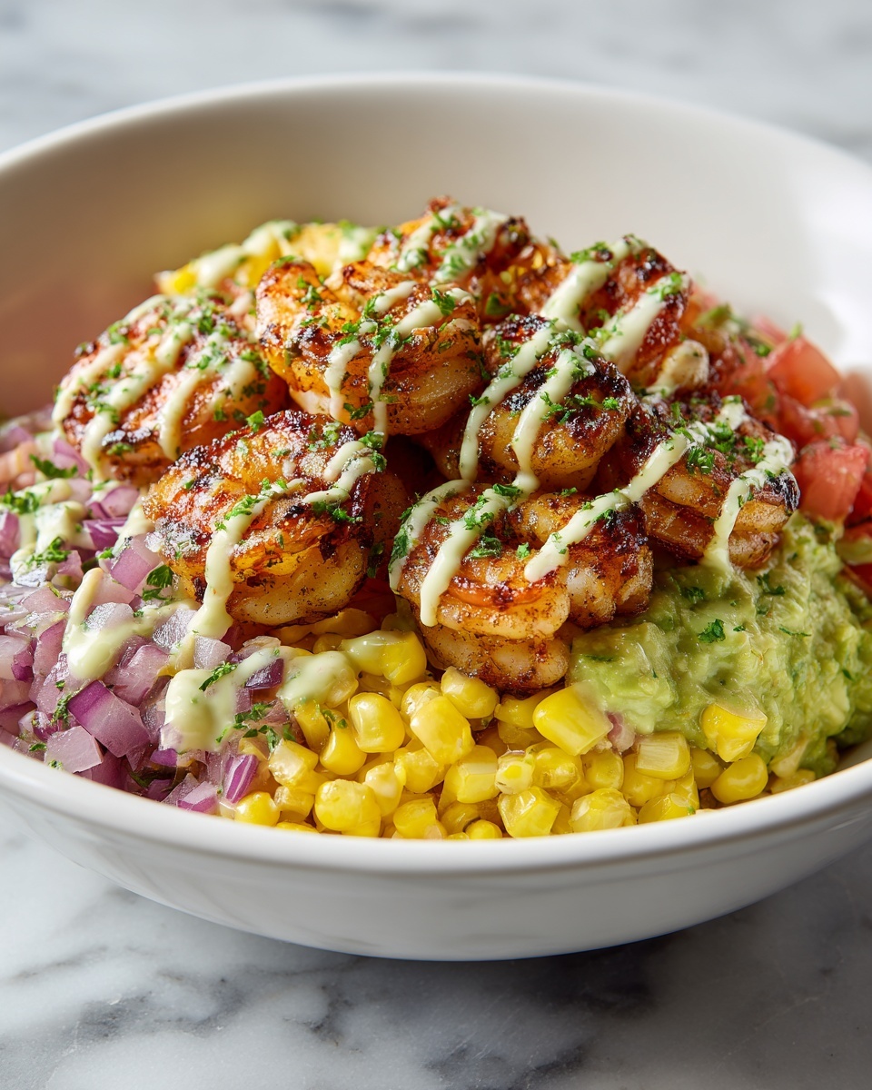 Grilled Shrimp Bowl with Avocado Corn Salsa and Creamy Garlic Sauce Recipe - Recipe Image