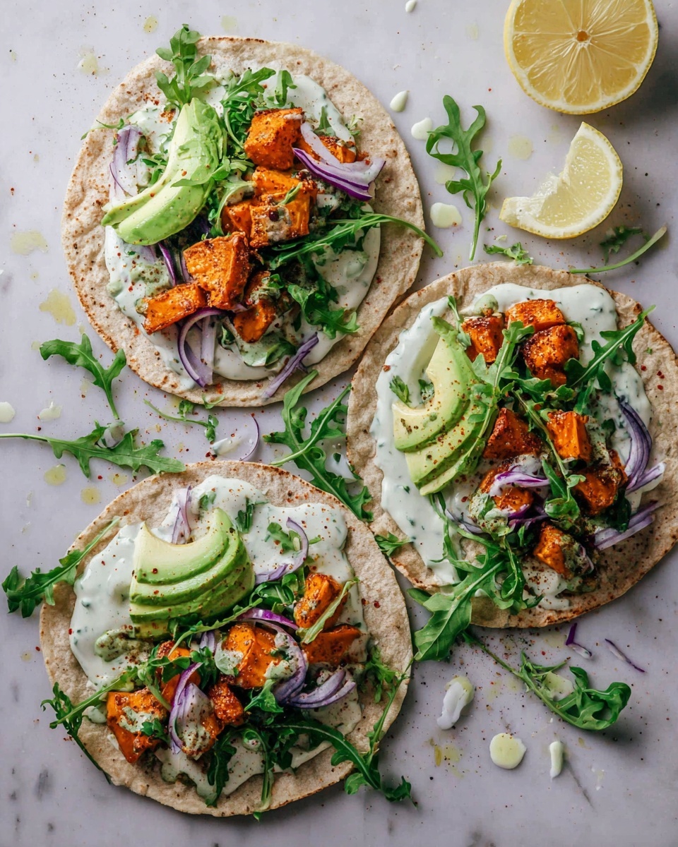 Roasted Sweet Potato Pitas with Arugula and Garlic Dressing Recipe - Recipe Image
