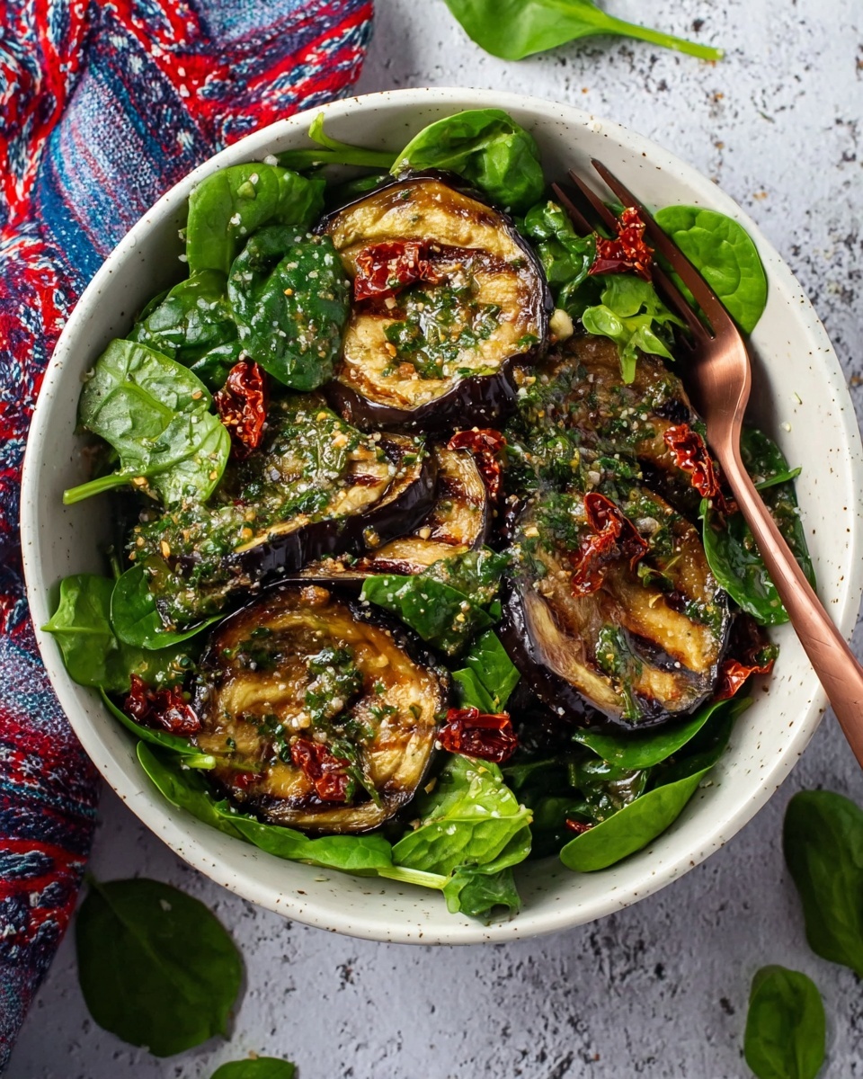 Grilled Eggplant and Spinach Salad with Fresh Herbs and Sun-Dried Tomatoes Recipe - Recipe Image