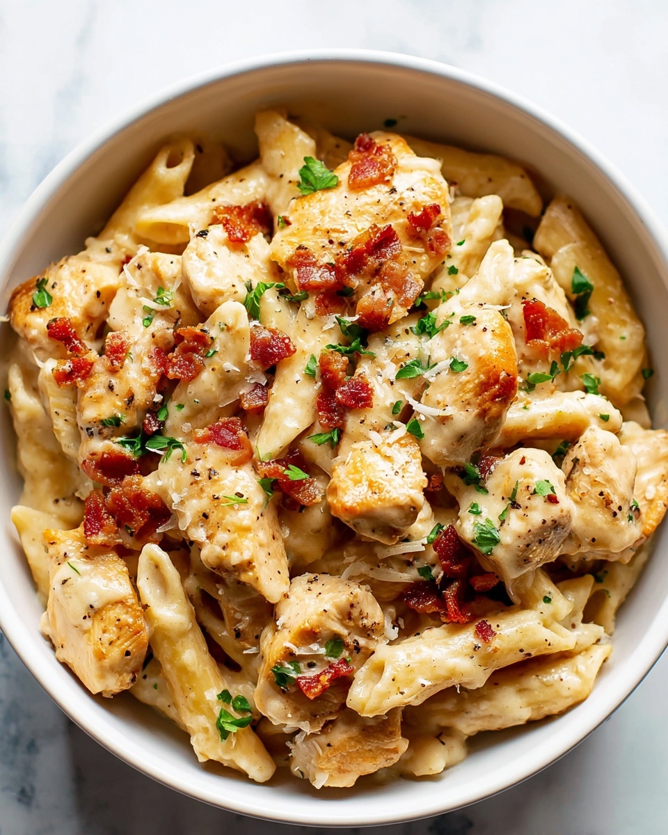 Creamy Chicken Penne Pasta with Bacon and Tomatoes Recipe - Recipe Image