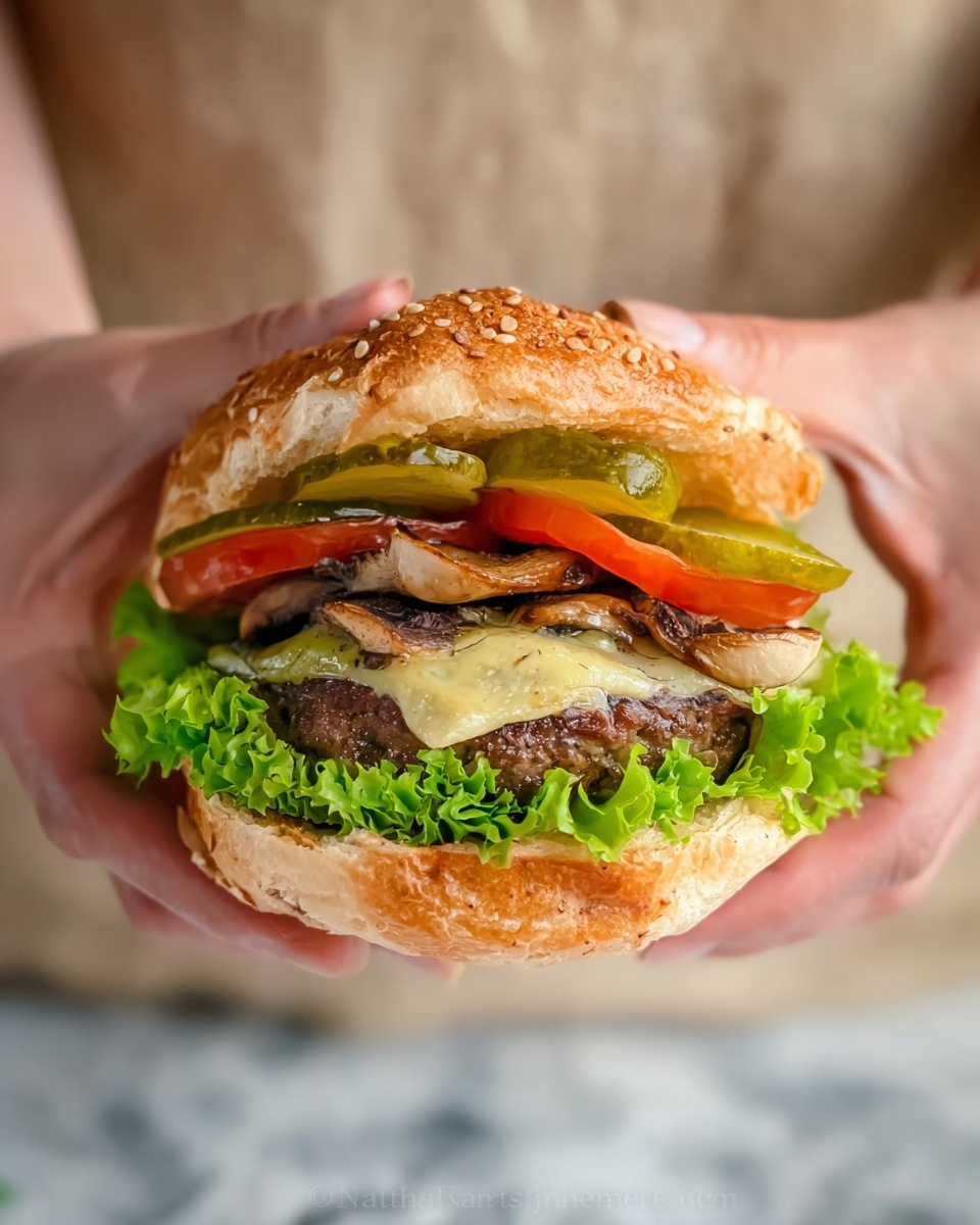Garlic and Herb Beef Burger with Swiss Cheese and Fresh Toppings Recipe - Recipe Image