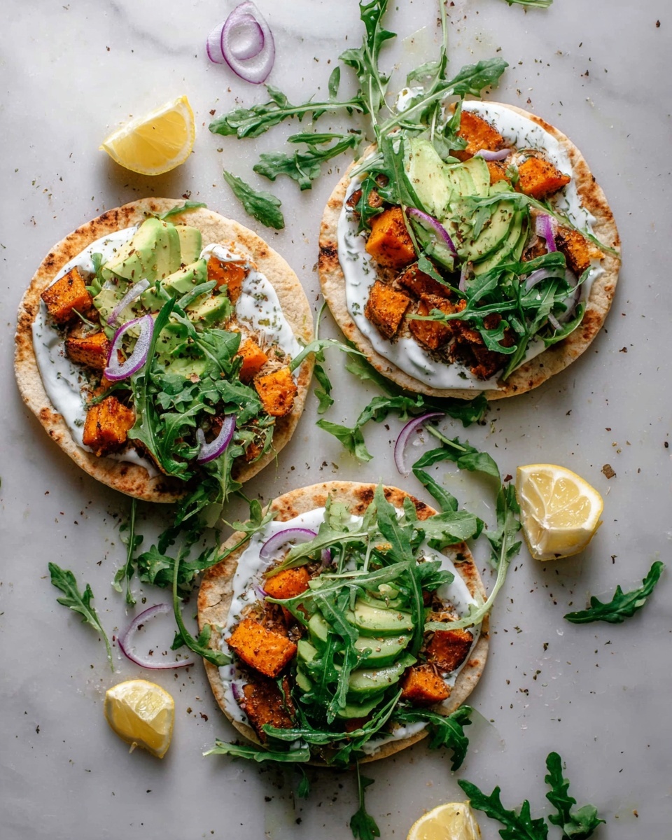 Roasted Sweet Potato Pitas with Arugula and Garlic Dressing Recipe - Recipe Image
