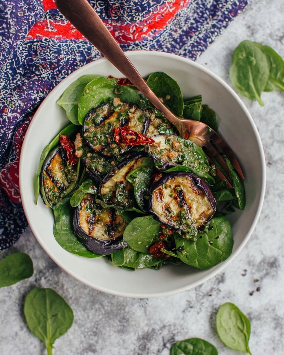 Grilled Eggplant and Spinach Salad with Fresh Herbs and Sun-Dried Tomatoes Recipe - Recipe Image
