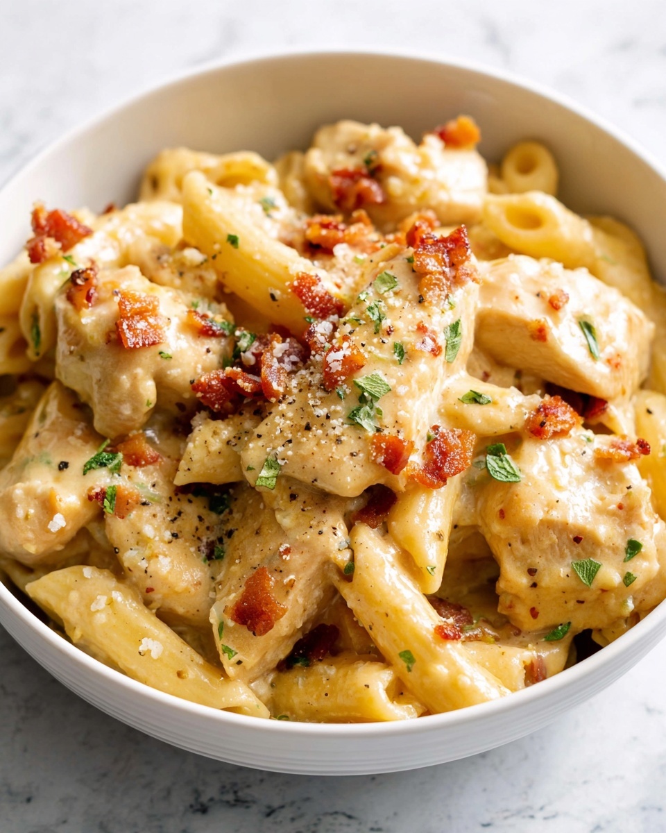 Creamy Chicken Penne Pasta with Bacon and Tomatoes Recipe - Recipe Image