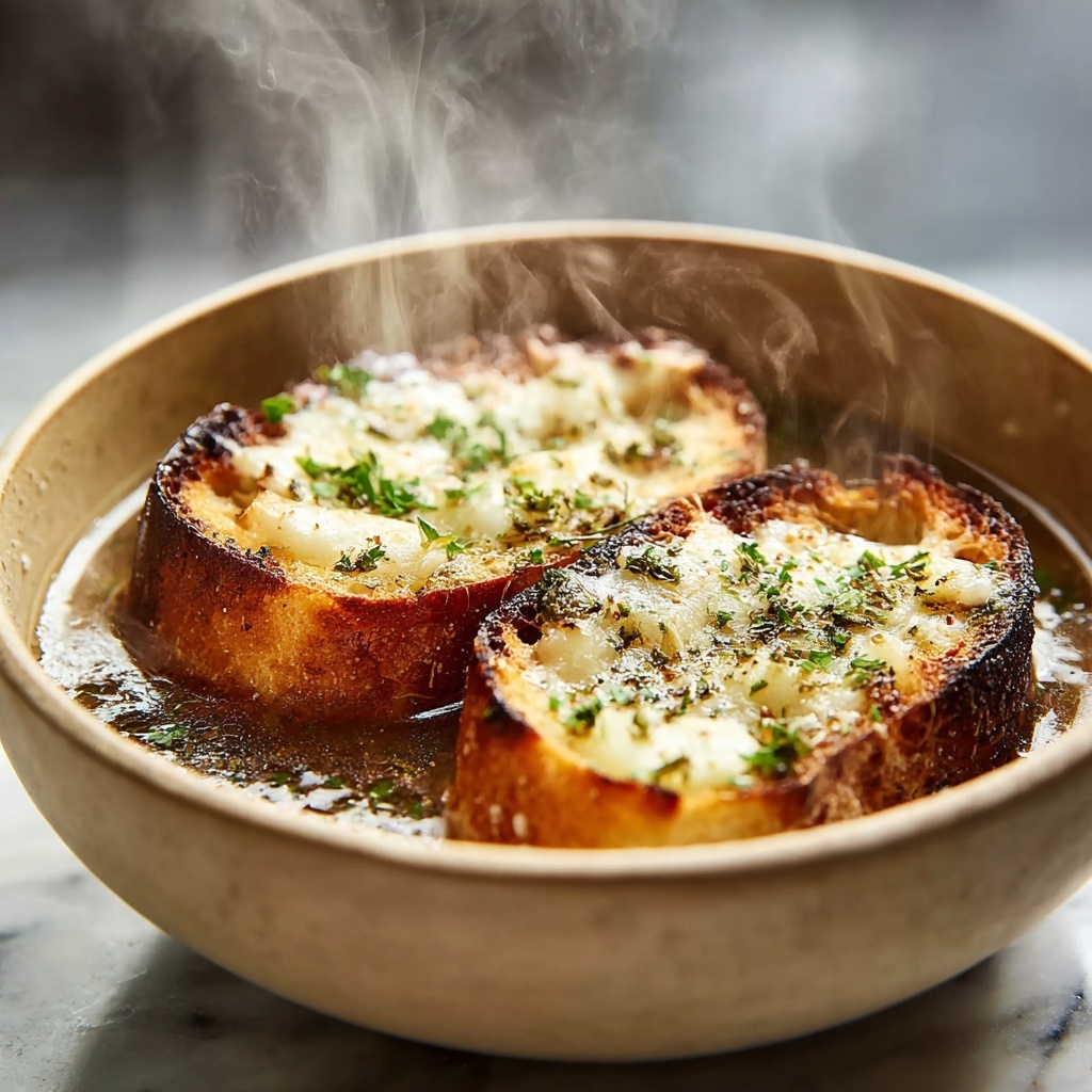 Mushroom & Caramelized Onion Soup with Cheesy Toasties Recipe - Recipe Image