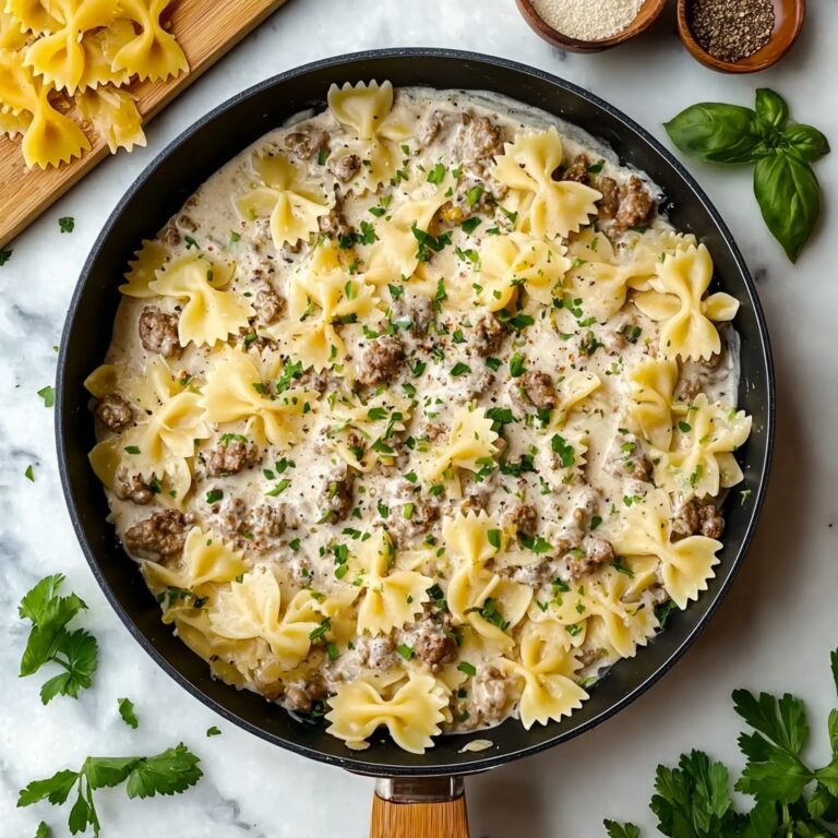 Beef and Bowtie Pasta with Creamy Alfredo Sauce Recipe