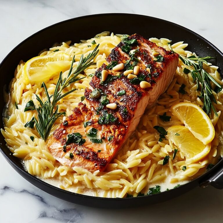 One Skillet Lemon Herb Salmon with Creamy Orzo Recipe