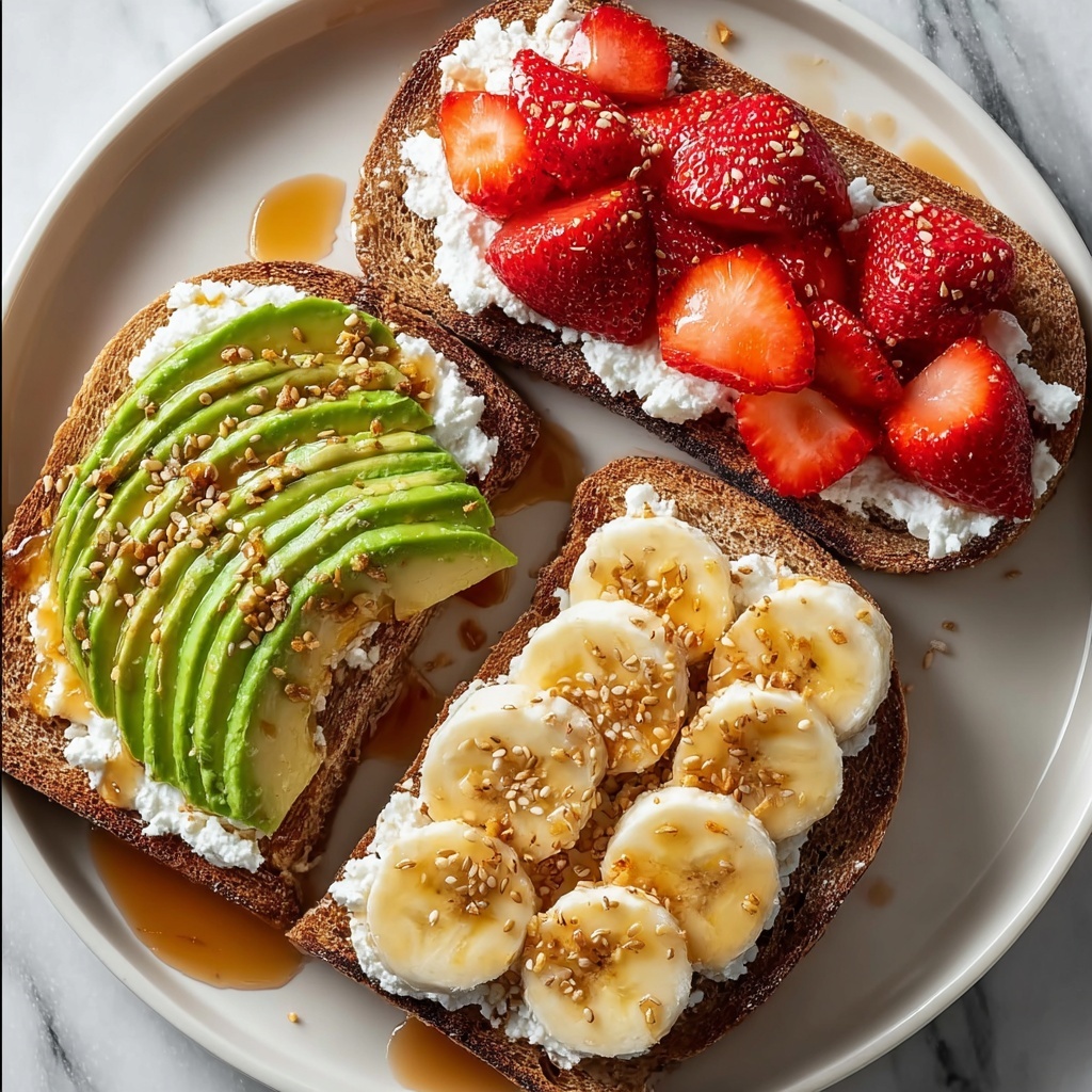 Healthy Toast Toppings with Avocado, Cottage Cheese, Banana, and Strawberries Recipe - Recipe Image