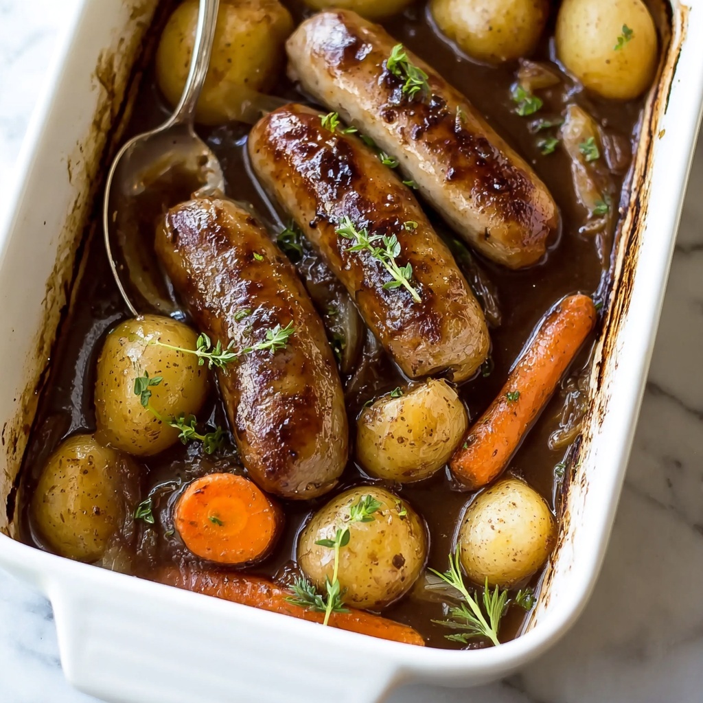 Oven Baked Sausages with Potatoes, Vegetables, and Gravy Recipe - Recipe Image