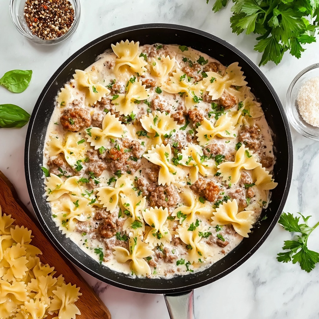 Beef and Bowtie Pasta with Creamy Alfredo Sauce Recipe - Recipe Image