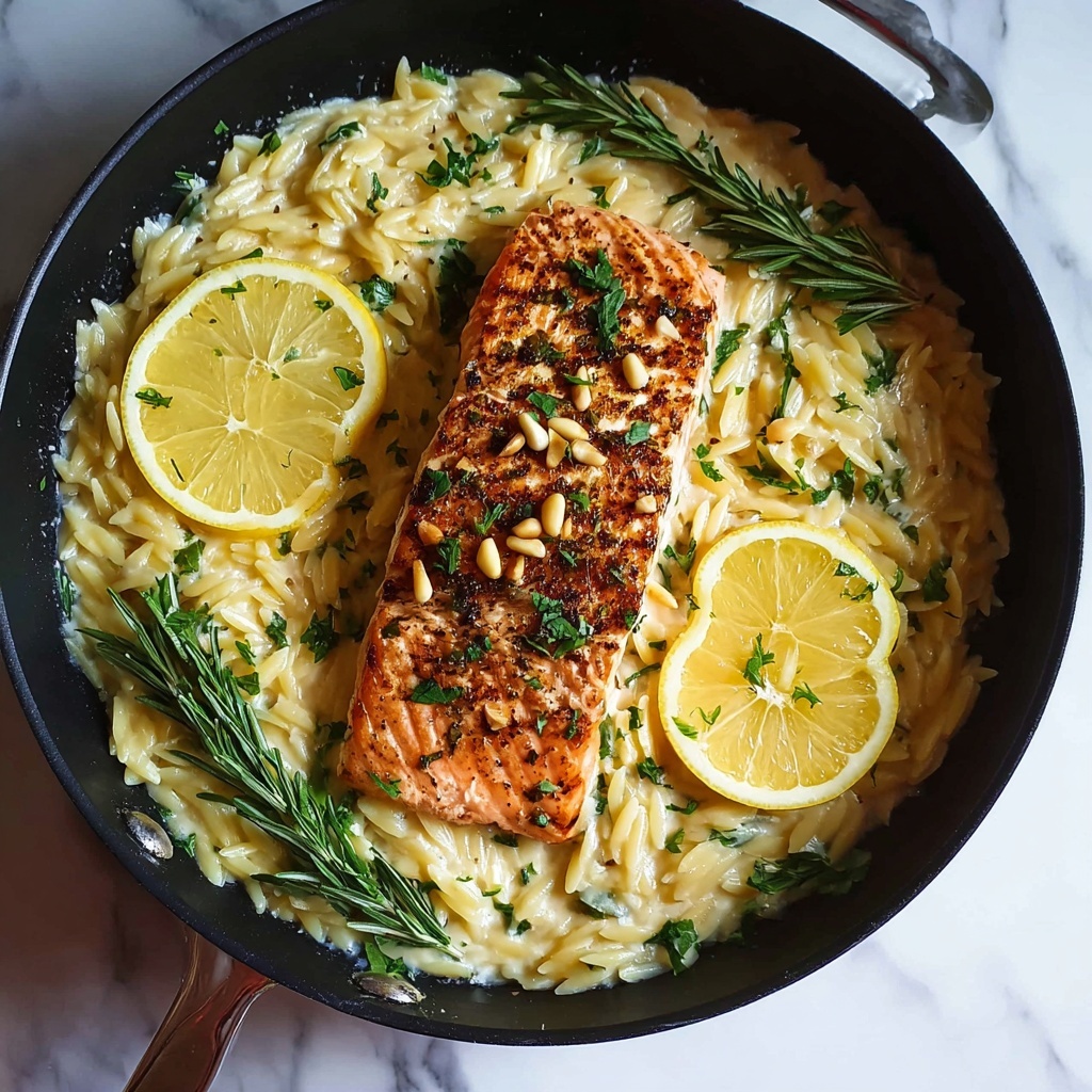 One Skillet Lemon Herb Salmon with Creamy Orzo Recipe - Recipe Image
