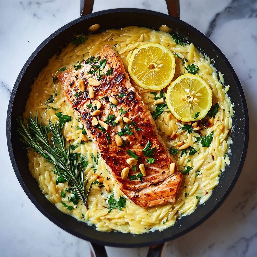 One Skillet Lemon Herb Salmon with Creamy Orzo Recipe - Recipe Image