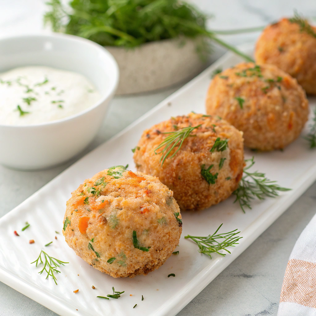 Salmon Croquettes with Greek Yogurt Dipping Sauce Recipe - Recipe Image