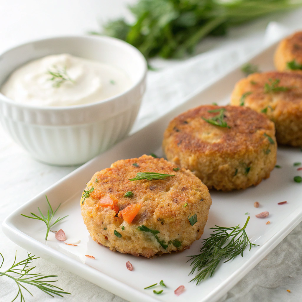 Salmon Croquettes with Greek Yogurt Dipping Sauce Recipe - Recipe Image