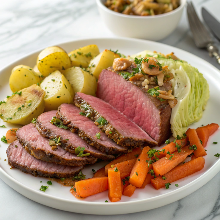 Classic Irish Corned Beef and Cabbage Roast with Roasted Red Potatoes and Horseradish Sauce Recipe