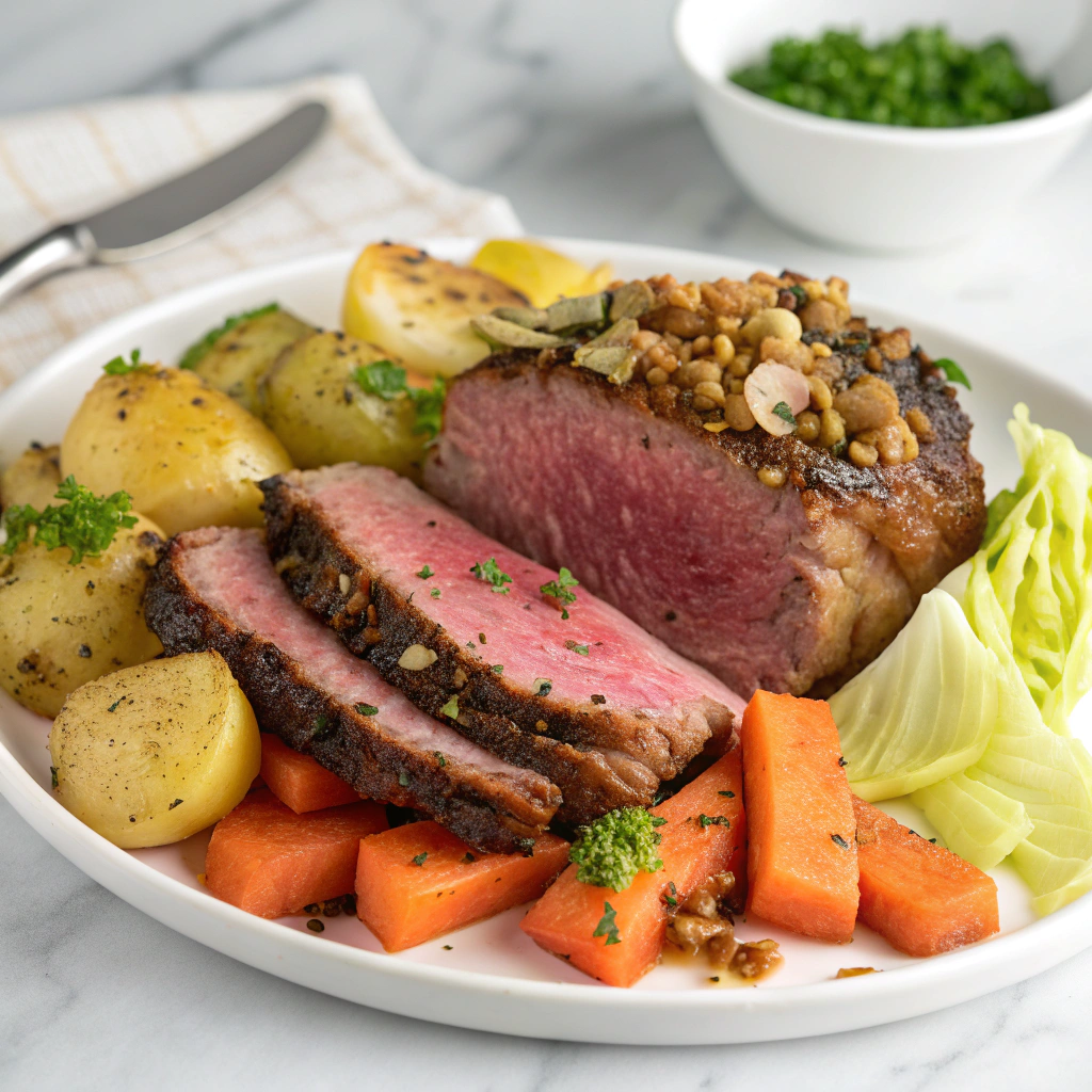 Classic Irish Corned Beef and Cabbage Roast with Roasted Red Potatoes and Horseradish Sauce Recipe - Recipe Image
