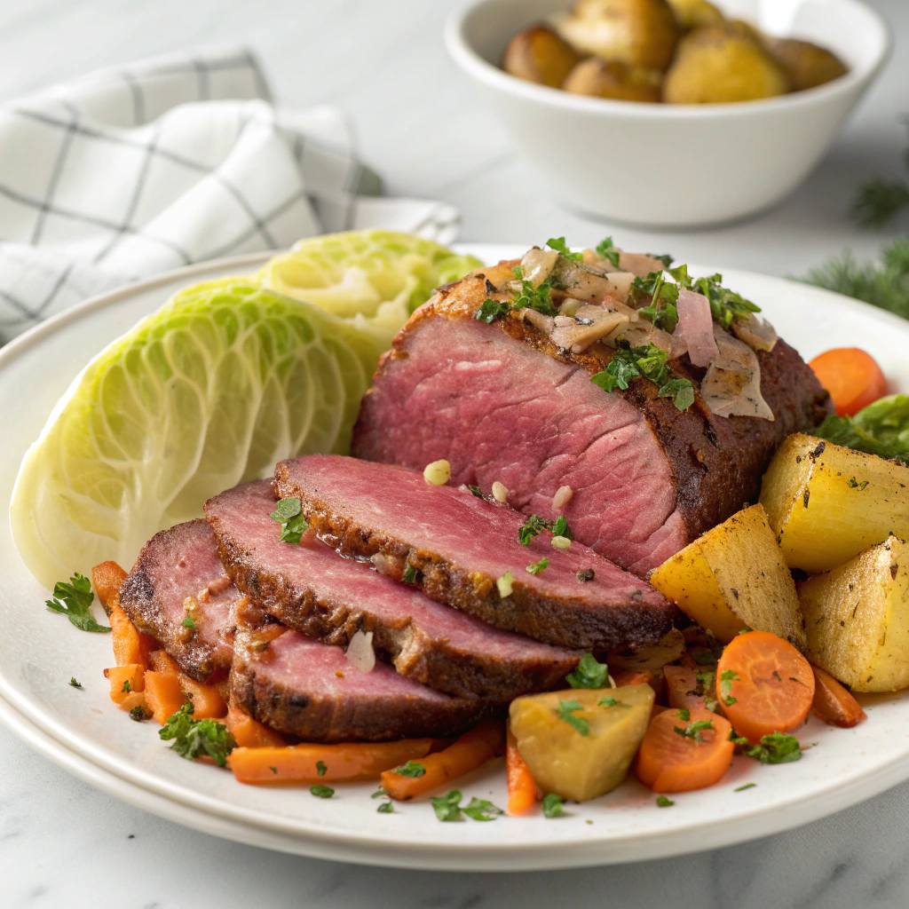 Classic Irish Corned Beef and Cabbage Roast with Roasted Red Potatoes and Horseradish Sauce Recipe - Recipe Image