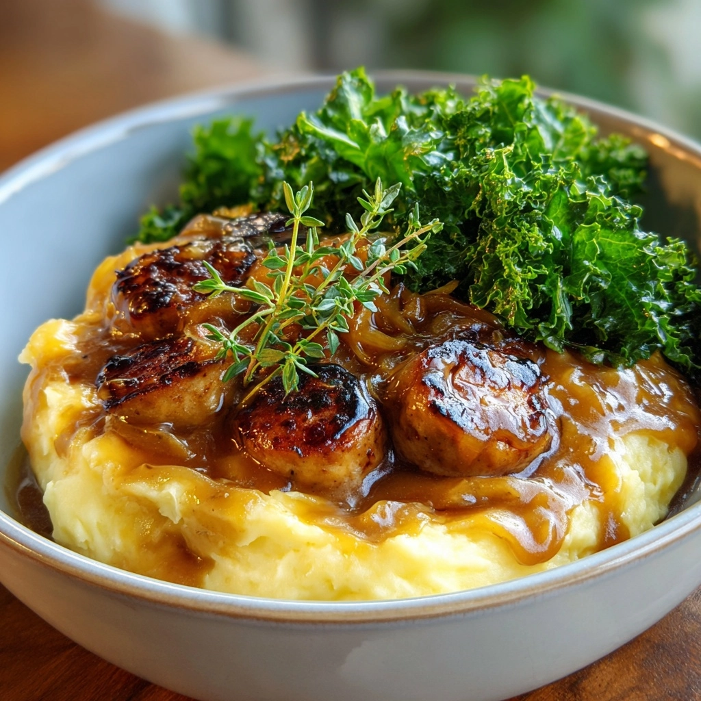 Sausages with Homemade Onion Gravy Recipe - Recipe Image