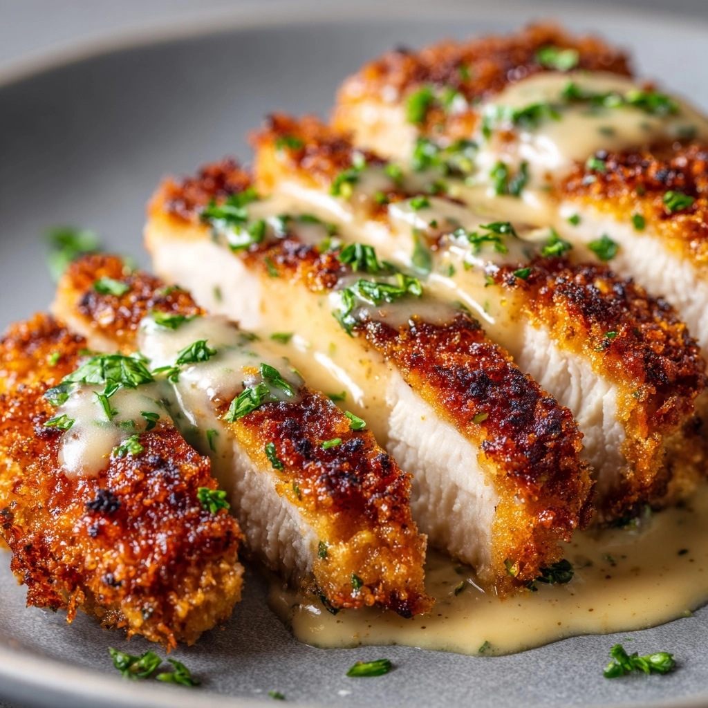Crispy Parmesan Chicken with a Rich Garlic Sauce Recipe - Recipe Image