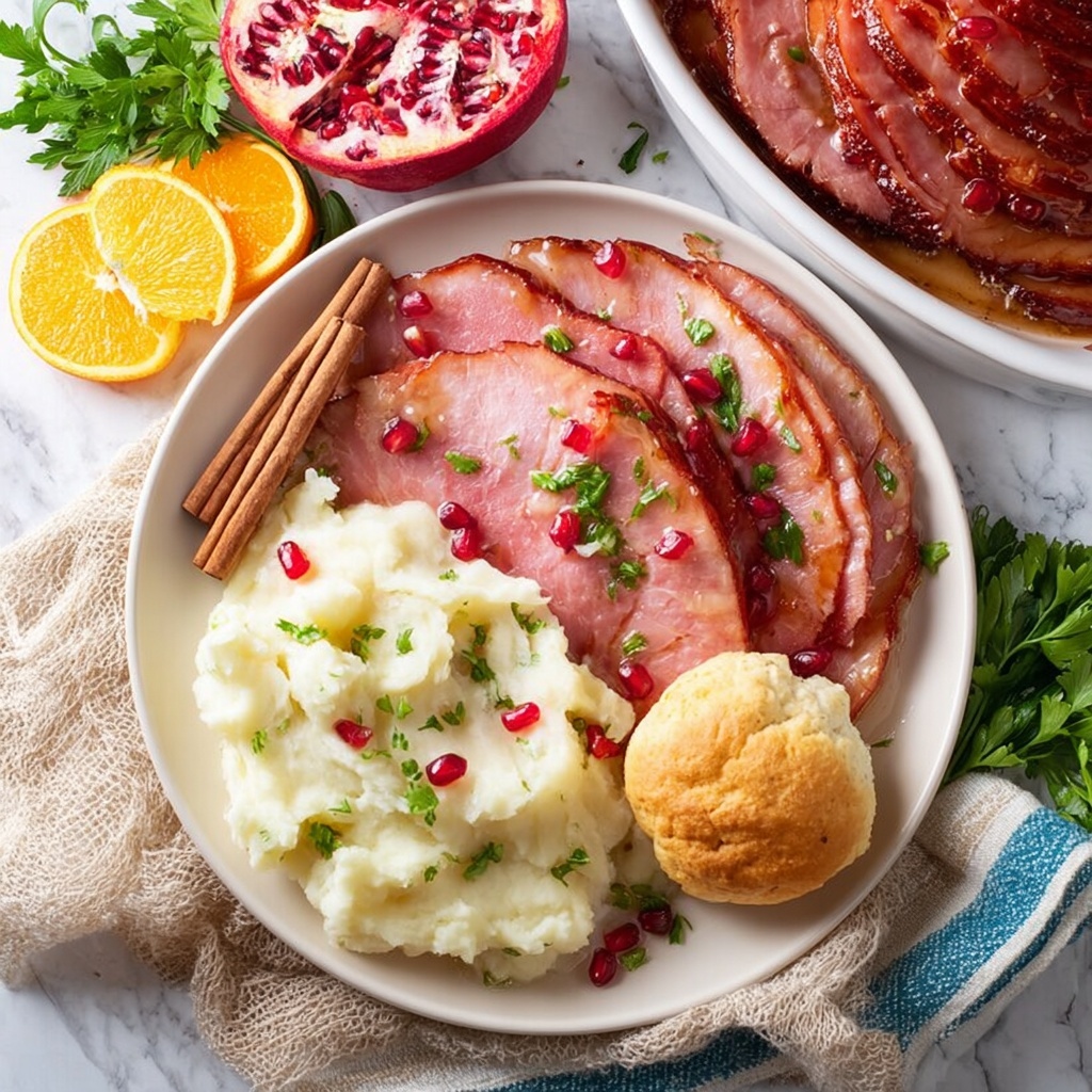 Festive Orange Glazed Christmas Ham with Pomegranate Seeds Recipe - Recipe Image