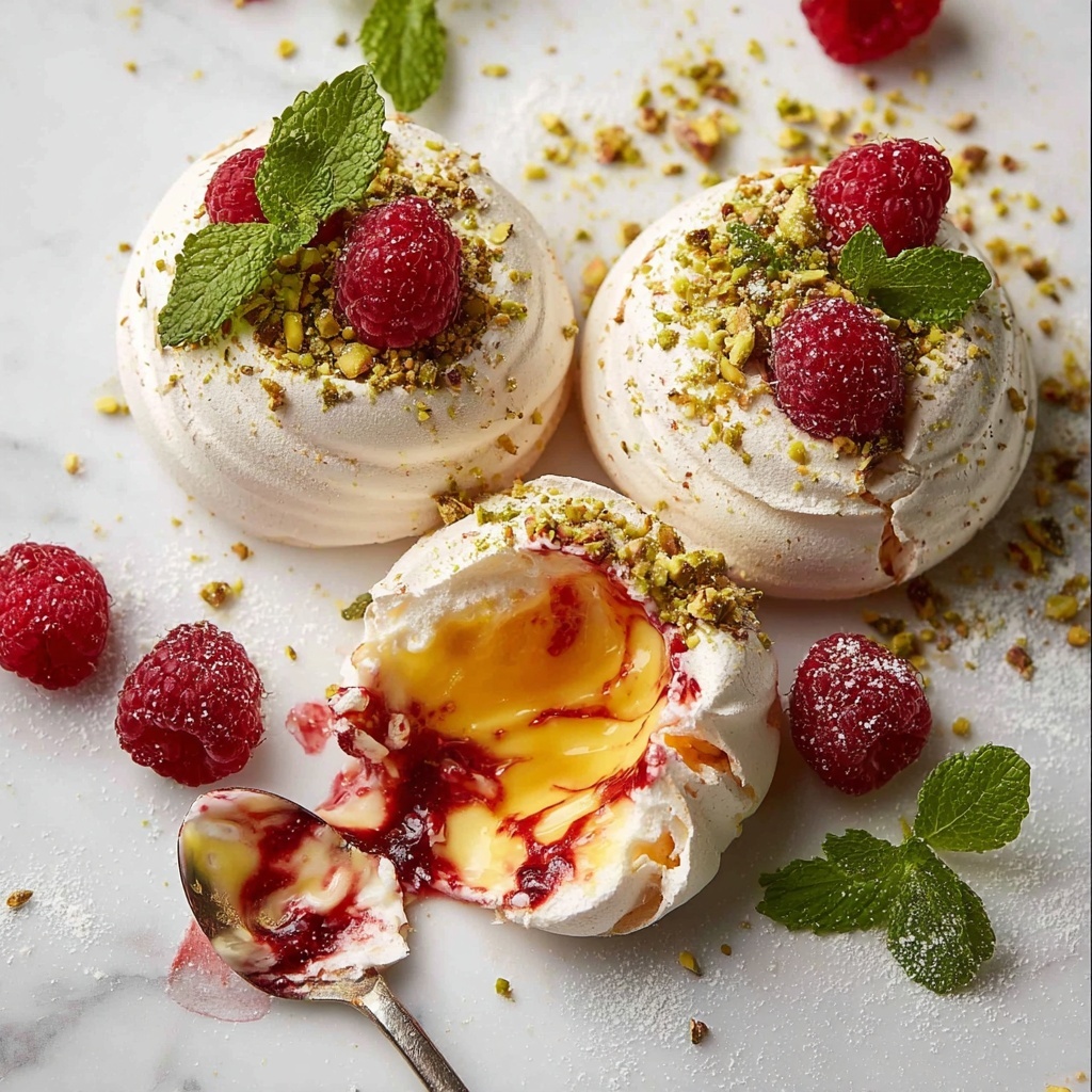 Pavlova Bombs with Raspberry Coulis and Lemon Curd Recipe - Recipe Image