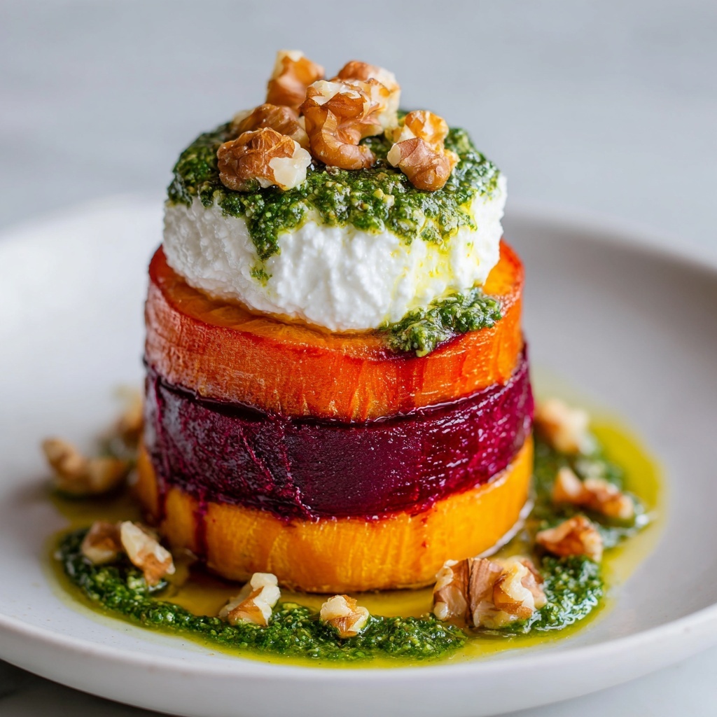 Sweet Potato & Beet Stacks with Pesto, Burrata & Walnuts Recipe - Recipe Image