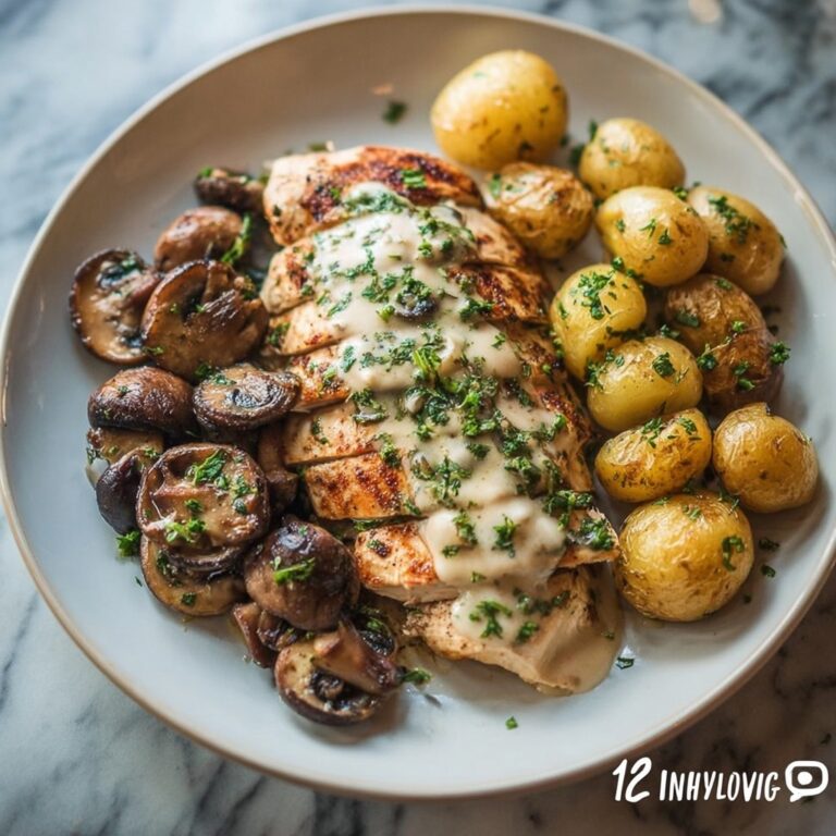 Chestnut Garlic Greek Chicken Alfredo with Sage Potatoes & Mushroom Basil Pesto Cream Recipe