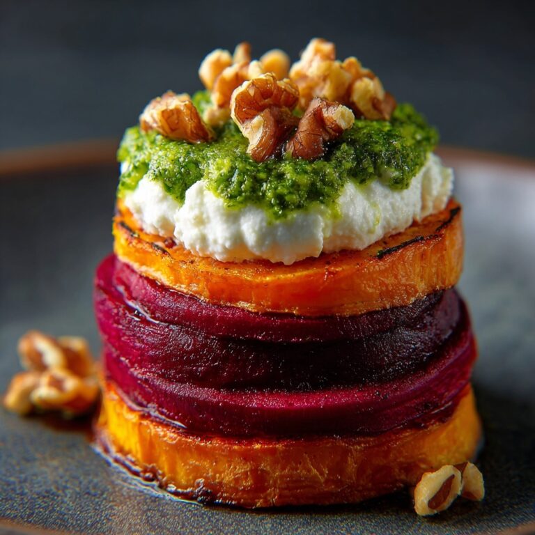 Sweet Potato & Beet Stacks with Pesto, Burrata & Walnuts Recipe