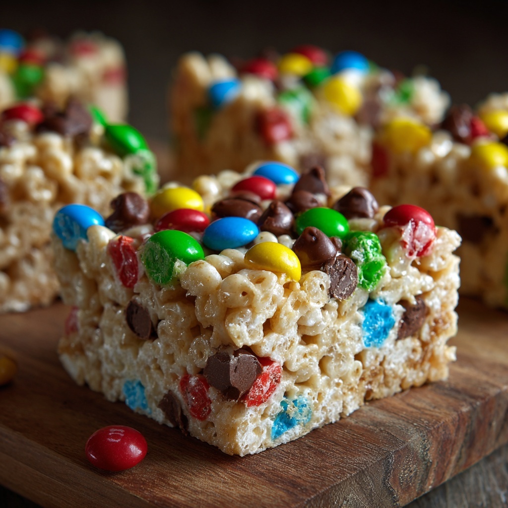 Peanut Butter Rice Krispie Treats with M&M’s and Chocolate Chips Recipe - Recipe Image