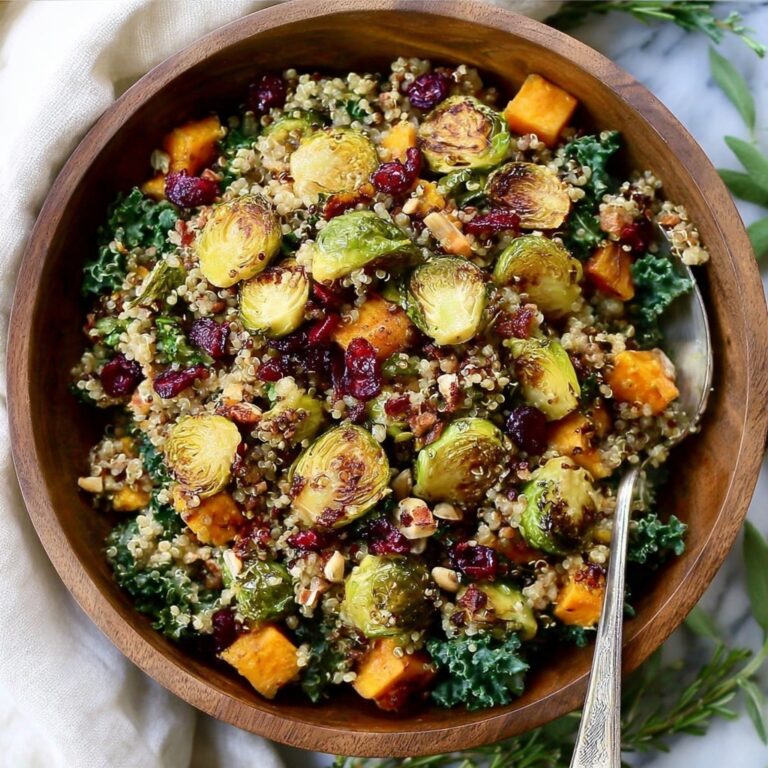 Warm Fall Quinoa Salad with Roasted Sweet Potatoes, Brussels Sprouts, Cauliflower, and Kale Recipe
